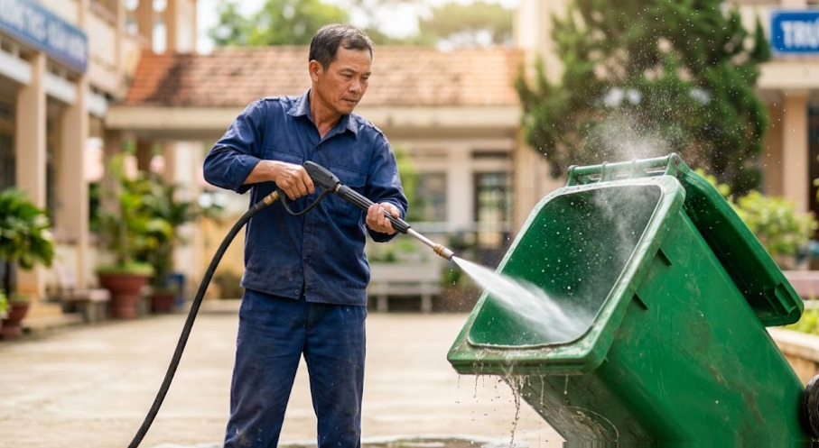 Cấu tạo nắp đậy kín và bánh xe trục thép đặc quan trọng như thế nào đối với thùng rác chứa canh cặn?