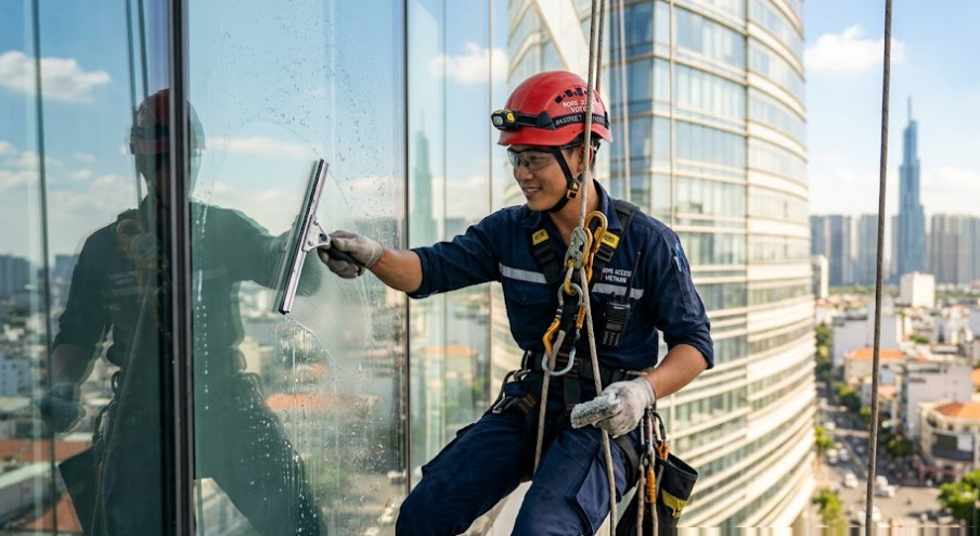 Dịch vụ lau chùi cửa kính công nghiệp là gì và tại sao mặt ngoài tòa nhà nhanh ố vàng?