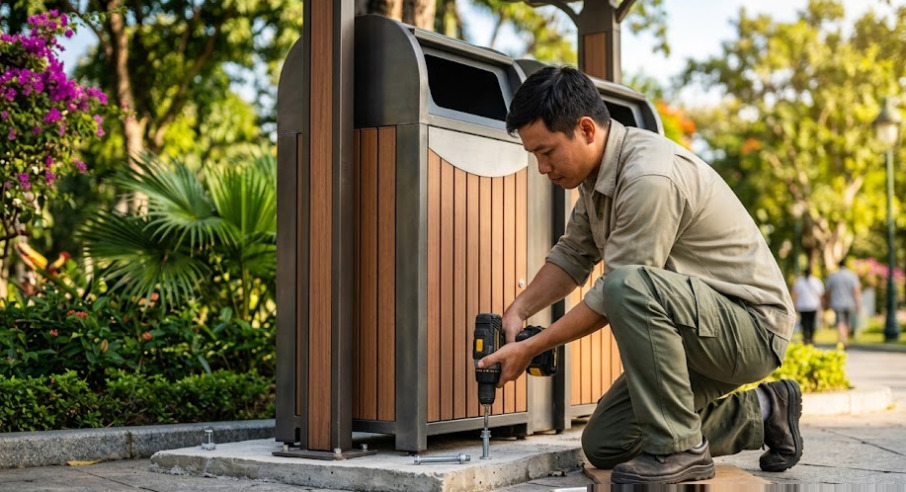 Kỹ Thuật Thi Công Lắp Đặt Và Quy Trình Bảo Dưỡng Thùng Rác Ngoài Trời Định Kỳ