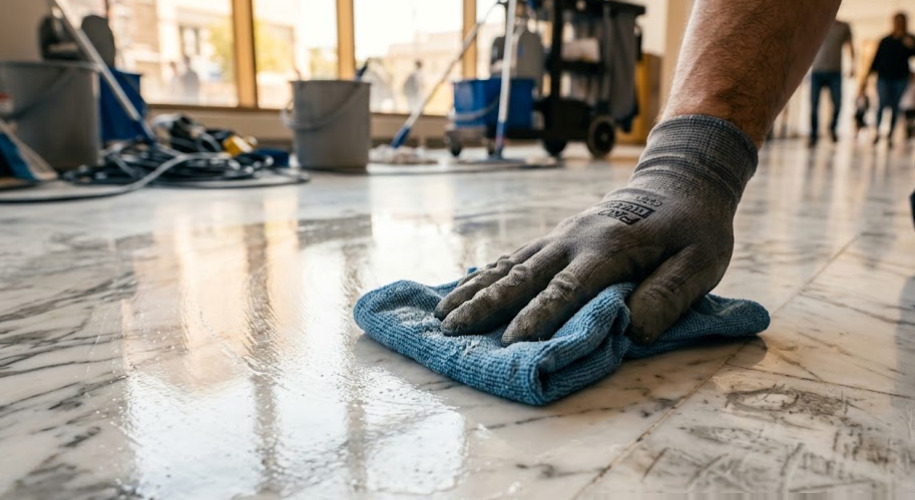 Sai lầm dùng hóa chất tẩy rửa sai cách gây cháy bề mặt sàn đá tự nhiên và khung inox