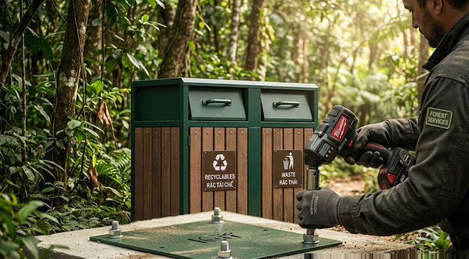 So sánh thùng rác composite vân gỗ, thép sơn tĩnh điện và nhựa HDPE ngoài trời