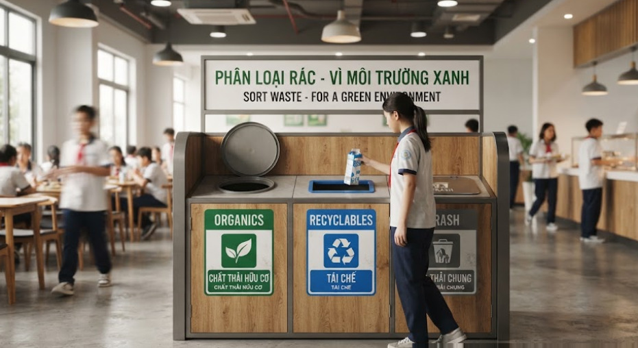 Tiêu chuẩn lựa chọn dung tích và kích thước thùng rác theo từng khu vực trong trường học